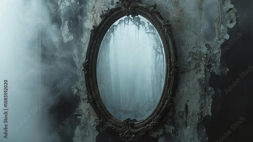An ornate gothic mirror with foggy glass reflecting a misty, eerie atmosphere in a dimly lit, abandoned setting An ornate gothic mirror with foggy glass reflecting a misty, eerie atmosphere in a dimly lit, abandoned setting