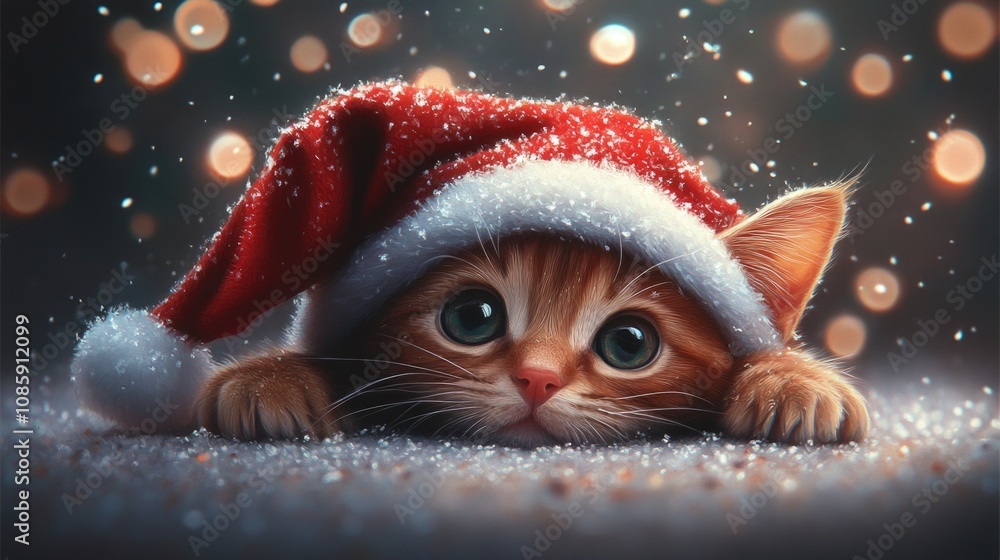 Festive kitten in christmas hat amid magical snowflakes and bokeh lights Festive kitten in christmas hat amid magical snowflakes and bokeh lights