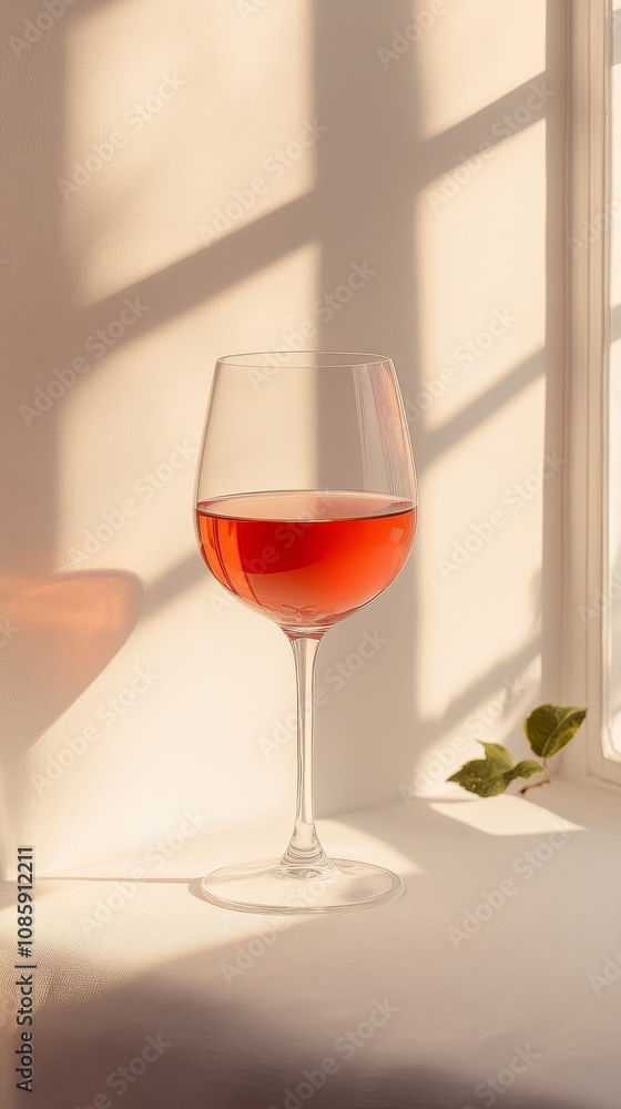 Glass of Rose Wine on Sunlit Window Sill, Minimalist Still Life of Relaxation and Enjoyment Glass of Rose Wine on Sunlit Window Sill, Minimalist Still Life of Relaxation and Enjoyment