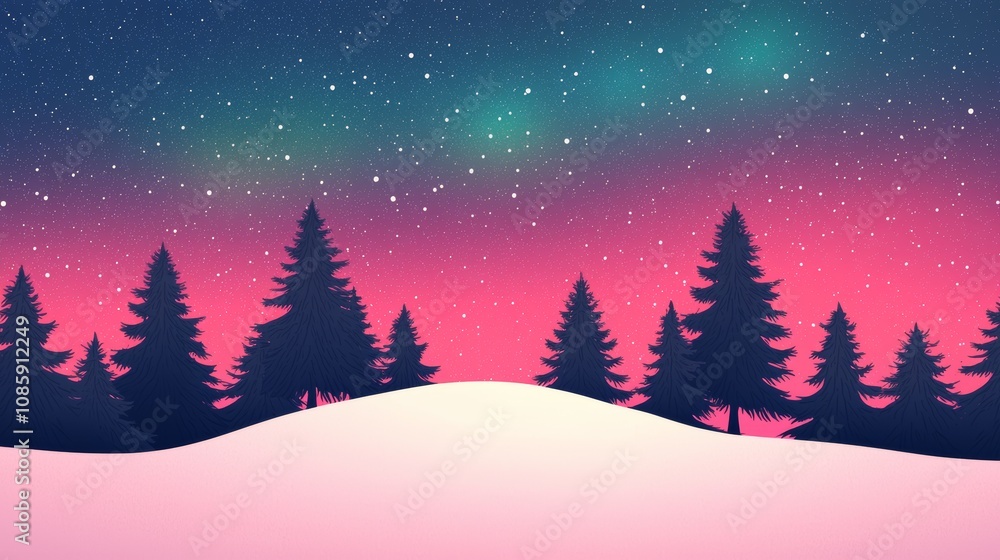 A vibrant winter scene featuring a snow-covered landscape under a colorful sky illuminated by stars and northern lights, with silhouettes of pine trees. A vibrant winter scene featuring a snow-covered landscape under a colorful sky illuminated by stars and northern lights, with silhouettes of pine trees.