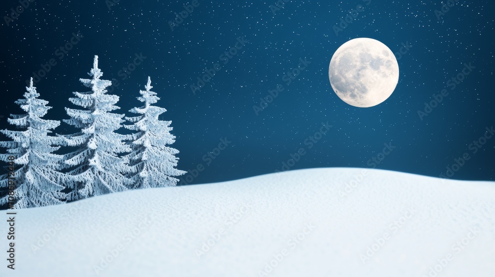 A serene winter landscape featuring snow-covered hills, evergreen trees, and a bright full moon in a starry night sky. A serene winter landscape featuring snow-covered hills, evergreen trees, and a bright full moon in a starry night sky.