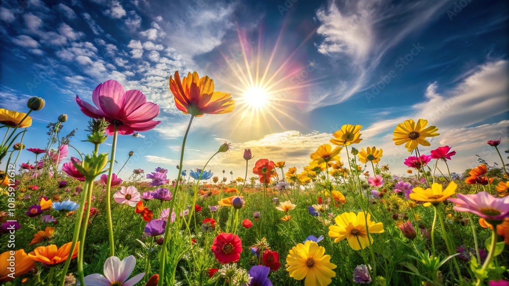 Colorful field of flowers with sun shining through Colorful field of flowers with sun shining through