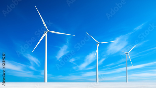 Wind turbines stand tall against a bright blue sky at a renewable energy site during daylight