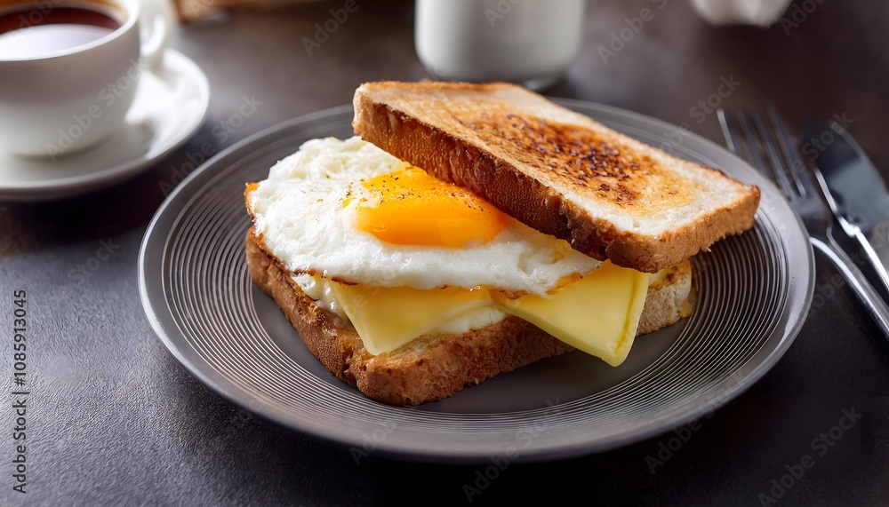 Breakfast sandwich with egg and cheese, served on a gray plate with coffee and a hand holding the sandwich Breakfast sandwich with egg and cheese, served on a gray plate with coffee and a hand holding the sandwich