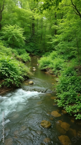 Lush greenery surrounds a gentle river flowing through a vibrant spring forest, calm, tranquil
