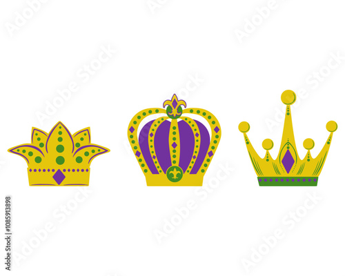 Set of crowns for Mardi Gras masquerade, bright decorations in traditional colors for holiday design, poster or flyer