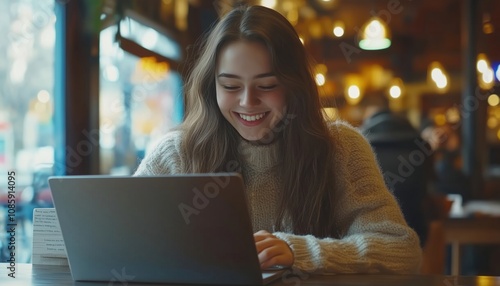 Female University Student Smiling And Writing At Cafe With Laptop For E-Learning And Education. Content And Happy Learner Studying And Researching For College Exams.