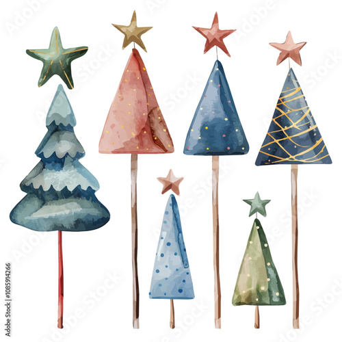 A watercolor vector of a set of Christmas tree toppers, isolated on a white background. Christmas tree toppers vector.