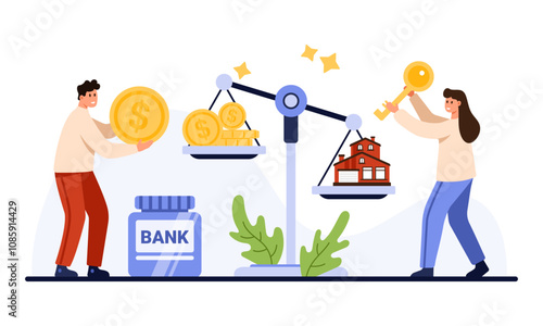 Investment in real estate, payment of mortgage, purchase of family home on credit. Tiny people pay gold coins from individual bank balance, money and house on scales cartoon vector illustration