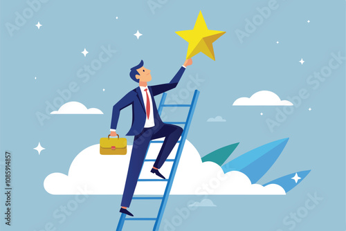vector illustration of a business man climbing a ladder to reach a star representing ambition and success.