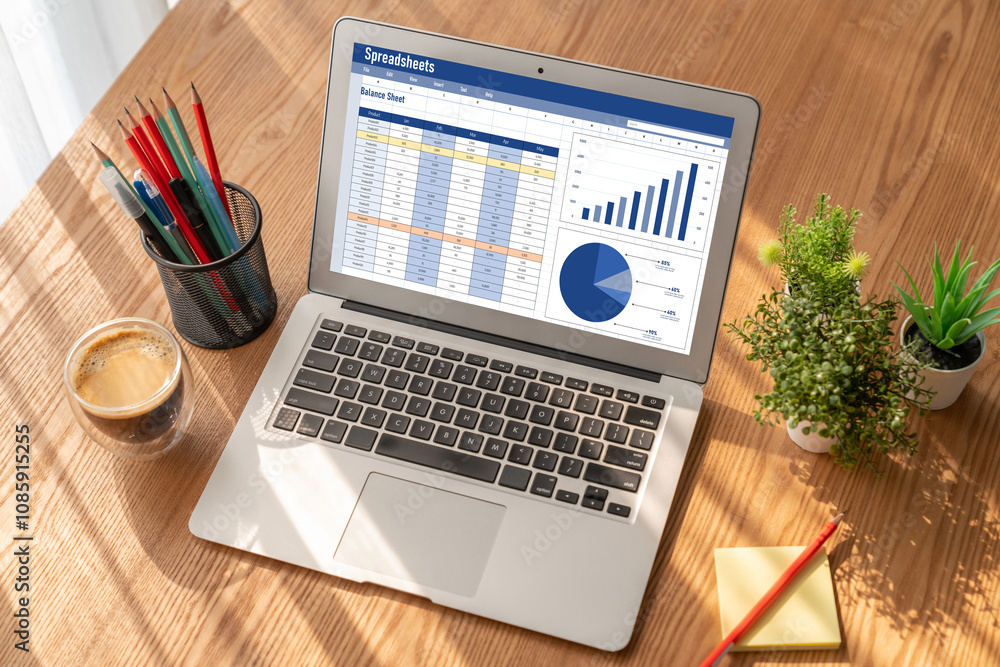 Fototapeta premium Spreadsheet document information financial startup concept. data and graphs in spreadsheet documents for online analysis project dashboard accounting digital snugly