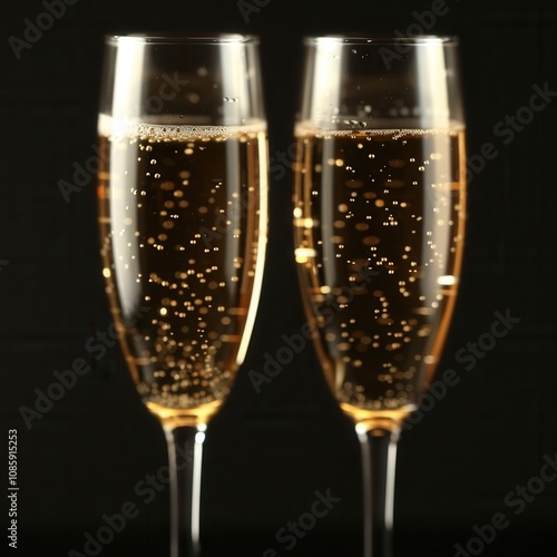  two tall, slender champagne flutes filled with a bubbly, golden liquid, likely champagne or sparkling wine. The glasses are set against a dark background, which highlights the effervescence 