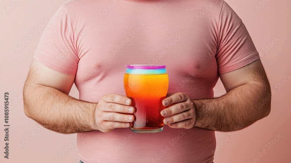 A fat man in a pink shirt holds a colorful drink, showcasing vibrant layers of orange, pink, and purple against a soft pink background. A fat man in a pink shirt holds a colorful drink, showcasing vibrant layers of orange, pink, and purple against a soft pink background.