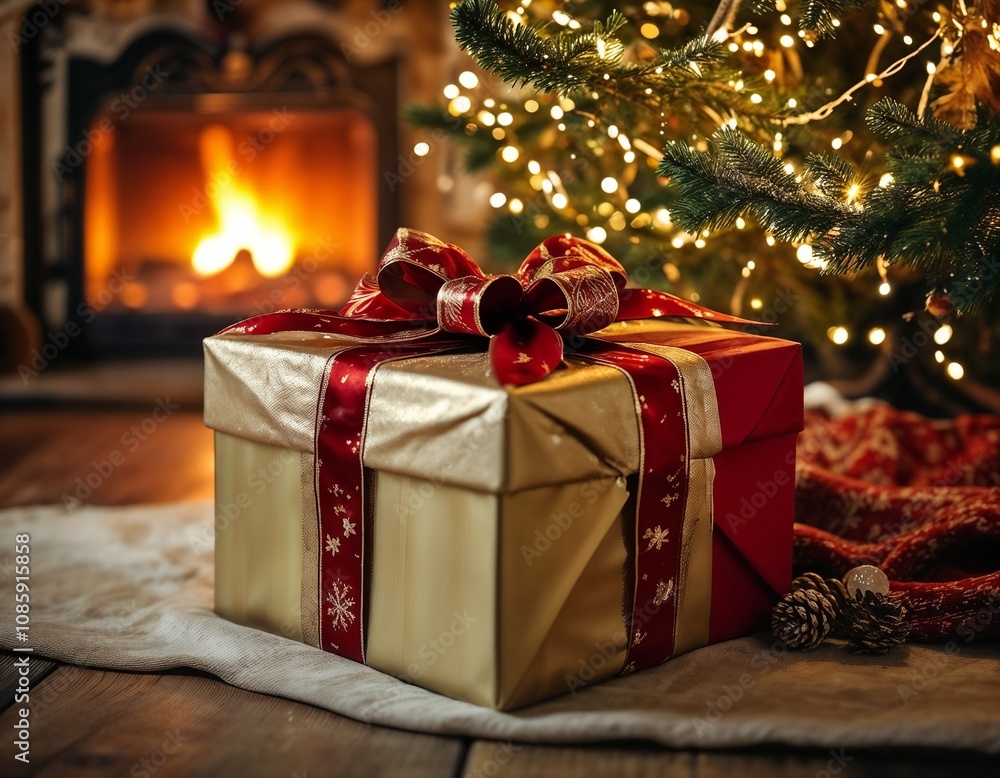 Christmas gift with festive mood near fireplace and decorated tree Christmas gift with festive mood near fireplace and decorated tree