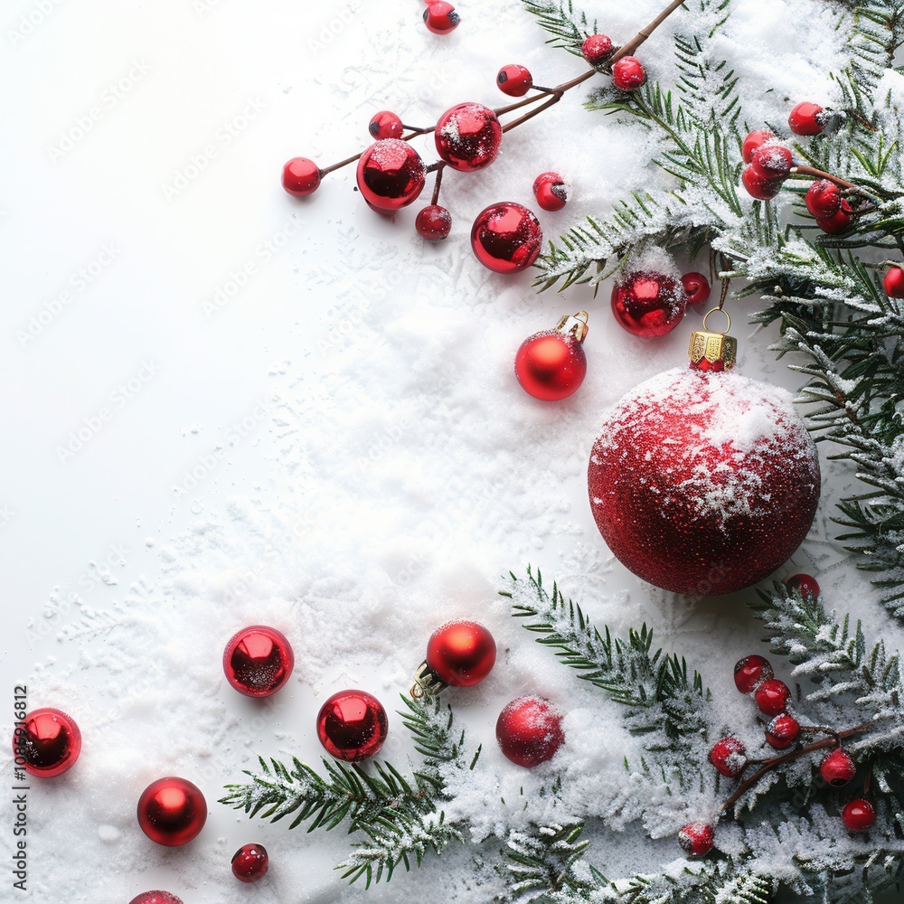 a festive arrangement with a Christmas theme. There are red baubles of various sizes scattered on a snowy surface. Some of the baubles are nestled among green pine branches, which are also dusted a festive arrangement with a Christmas theme. There are red baubles of various sizes scattered on a snowy surface. Some of the baubles are nestled among green pine branches, which are also dusted