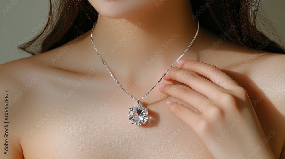 Ethereal Silver Diamond Pendant Necklace on Woman's Skin - Luxury Jewelry Close-up with Intimate Touch Serene Product Glamour Shot for E-commerce and Catalogs Ethereal Silver Diamond Pendant Necklace on Woman's Skin - Luxury Jewelry Close-up with Intimate Touch Serene Product Glamour Shot for E-commerce and Catalogs