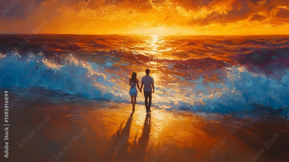 Couple holding hands and walking along a sandy beach during a warm and colorful sunset with gentle waves. Couple holding hands and walking along a sandy beach during a warm and colorful sunset with gentle waves.