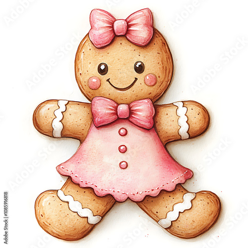 cheerful gingerbread girl with pink dress and bow, perfect for festive decorations and holiday treats. This delightful illustration captures joy of season photo