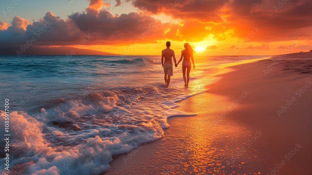 Couple holding hands and walking along a sandy beach during a warm and colorful sunset with gentle waves. Couple holding hands and walking along a sandy beach during a warm and colorful sunset with gentle waves.