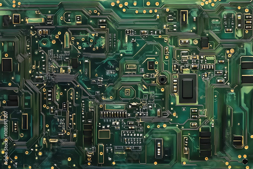 A circuit board shows its intricate pathways and components under bright light