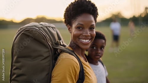 Smiling mother carrying a backpack while enjoying a sunny day outdoors with her son on a grassy field surrounded by people engaged in various activities