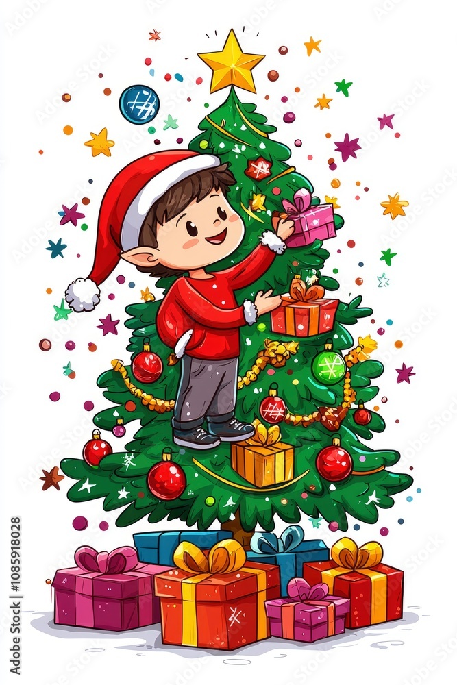 Merry Christmas Elf Decorating a Christmas Tree with Presents Merry Christmas Elf Decorating a Christmas Tree with Presents