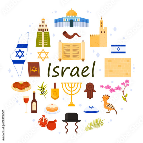 Jewish culture elements and famous landmarks, flag and map of Israel, Judaism symbols in round infographic banner with title. Torah and hamsa, dreidel and falafel, shofar cartoon vector illustration