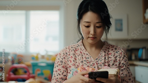 Young mother engaged with smartphone while holding baby in colorful and joyful home environment, showcasing modern parenting and daily life challenges.