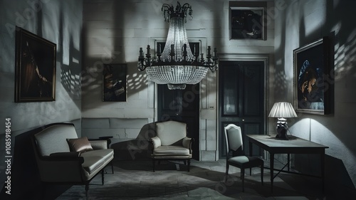 Wallpaper Mural Dimly lit room with chandelier, couch, and table in stone interior Torontodigital.ca