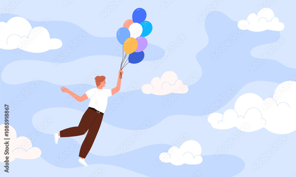 Mental health, wellbeing and dreams, think about positive things and meditation, imagination. Happy young man flying with bunch of air balloons in blue sky with clouds cartoon vector illustration Mental health, wellbeing and dreams, think about positive things and meditation, imagination. Happy young man flying with bunch of air balloons in blue sky with clouds cartoon vector illustration