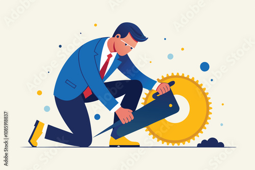 vector illustration of a business man sharpening a saw representing preparation and efficiency.
