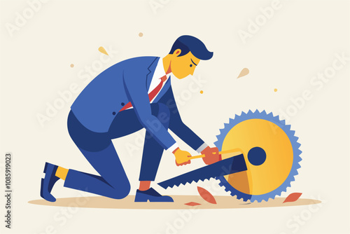 vector illustration of a business man sharpening a saw representing preparation and efficiency.