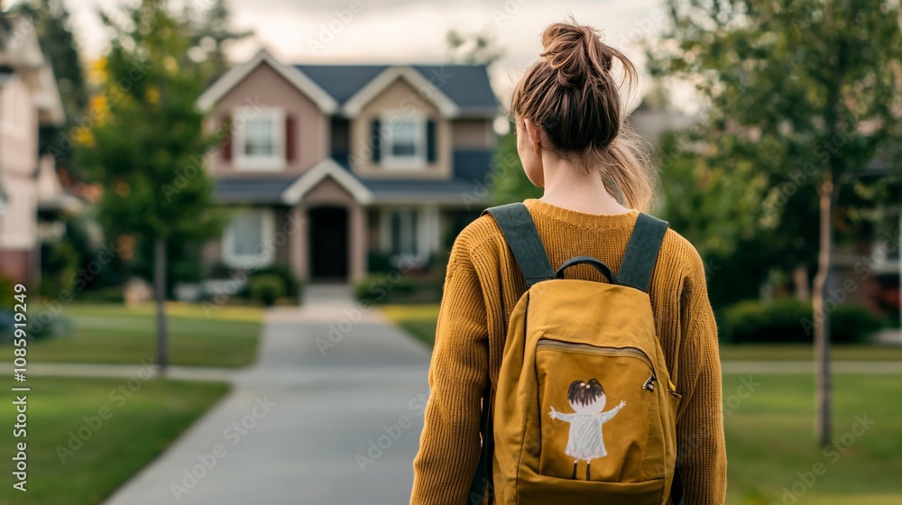 Young girl with yellow backpack walking down suburban street, wearing cozy sweater, enjoying tranquil afternoon, neighborhood homes in background, freedom and childhood moments captured