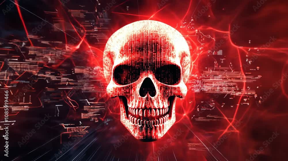 Digital skull glowing displaying binary code Digital skull glowing displaying binary code