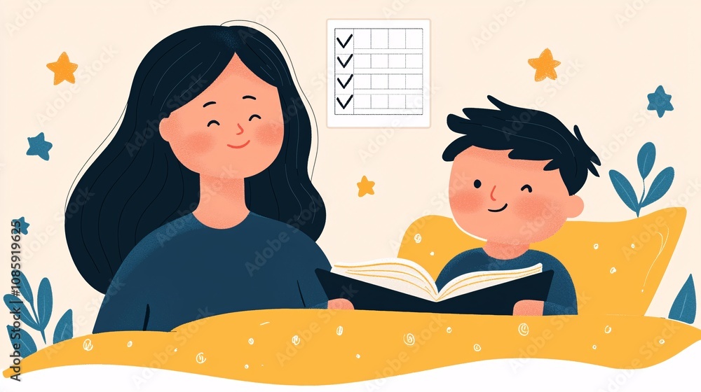 Happy Mother and Son Enjoying Bedtime Story Together in Cozy Room Surrounded by Stars and Plants with Checklist on Wall in Background Happy Mother and Son Enjoying Bedtime Story Together in Cozy Room Surrounded by Stars and Plants with Checklist on Wall in Background