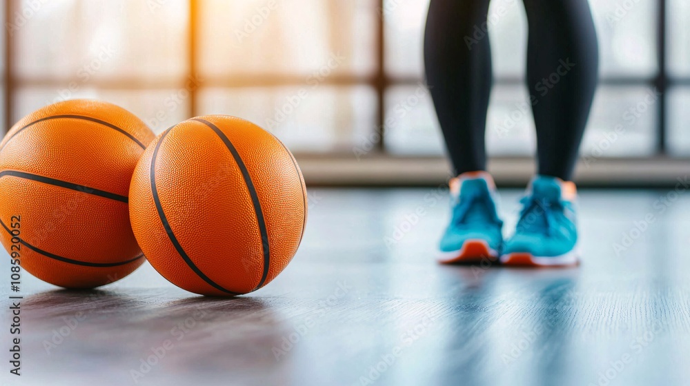 Dynamic Close-Up of Basketballs on Court with Athlete's Feet in Sports Shoes, Capturing Energy and Focus in Modern Indoor Gym Environment Dynamic Close-Up of Basketballs on Court with Athlete's Feet in Sports Shoes, Capturing Energy and Focus in Modern Indoor Gym Environment