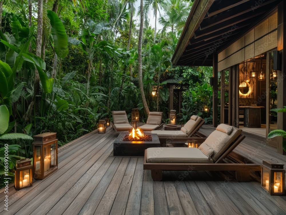 Luxurious Tropical Patio Oasis with Warm Fire Pit and Lounge Chairs Surrounded by Verdant Foliage, Tranquil Evening Setting