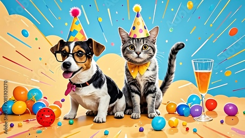 Festive dog and cat in party hats with balloons and champagne.