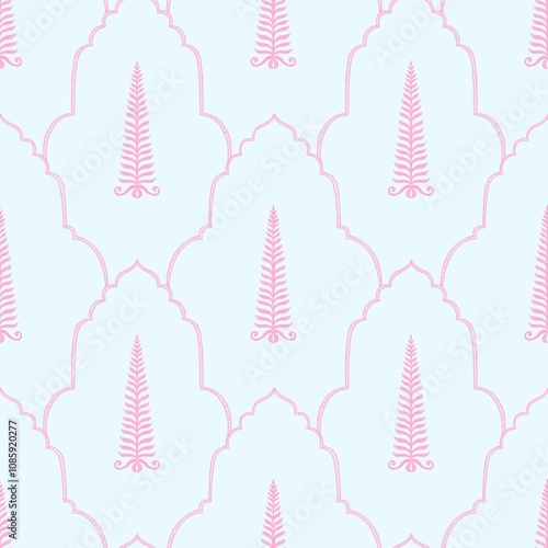 Pine tree illustration seamless pattern tropical, ethnic, mughal arch repeated illustrated colorful background.