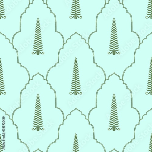 Pine tree illustration seamless pattern tropical, ethnic, mughal arch repeated illustrated colorful background.