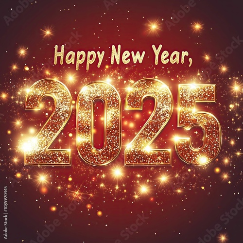 Happy New Year 2025 written in gold letters on a red background