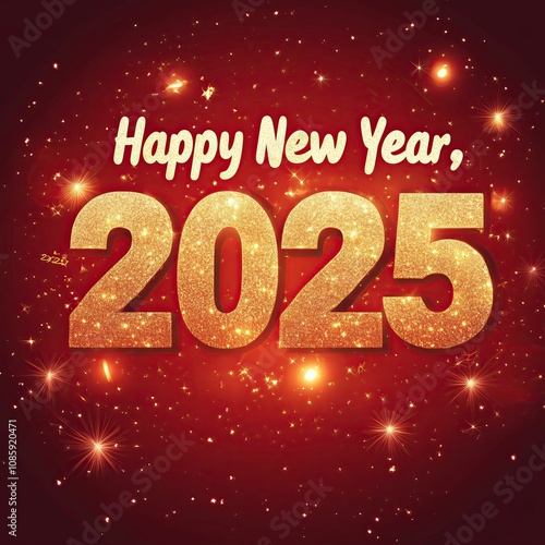 Happy New Year 2025 written in gold letters on a red background