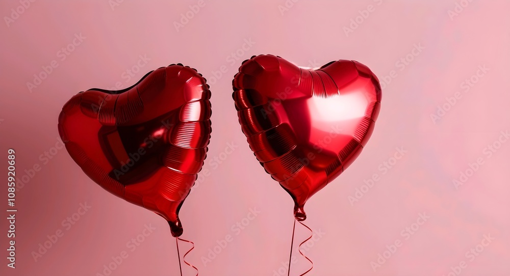 Romantic Festive Scene with Two Metallic Red Heart Balloons Reflecting Light on a Pastel Pink Backdrop. Romantic Festive Scene with Two Metallic Red Heart Balloons Reflecting Light on a Pastel Pink Backdrop.