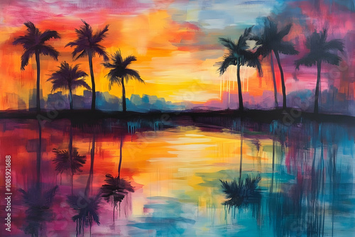 A beautiful sunset paints the sky as palm trees sway by a tranquil lake