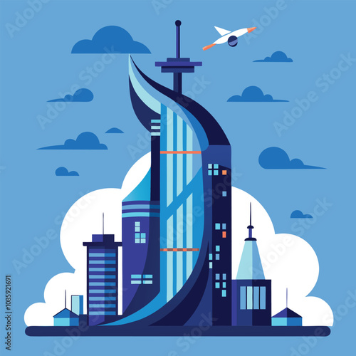 Abstract city skyline vector illustration features urban architecture silhouettes of buildings and skyscrapers under a cloudy sky, suggesting industry and business concepts