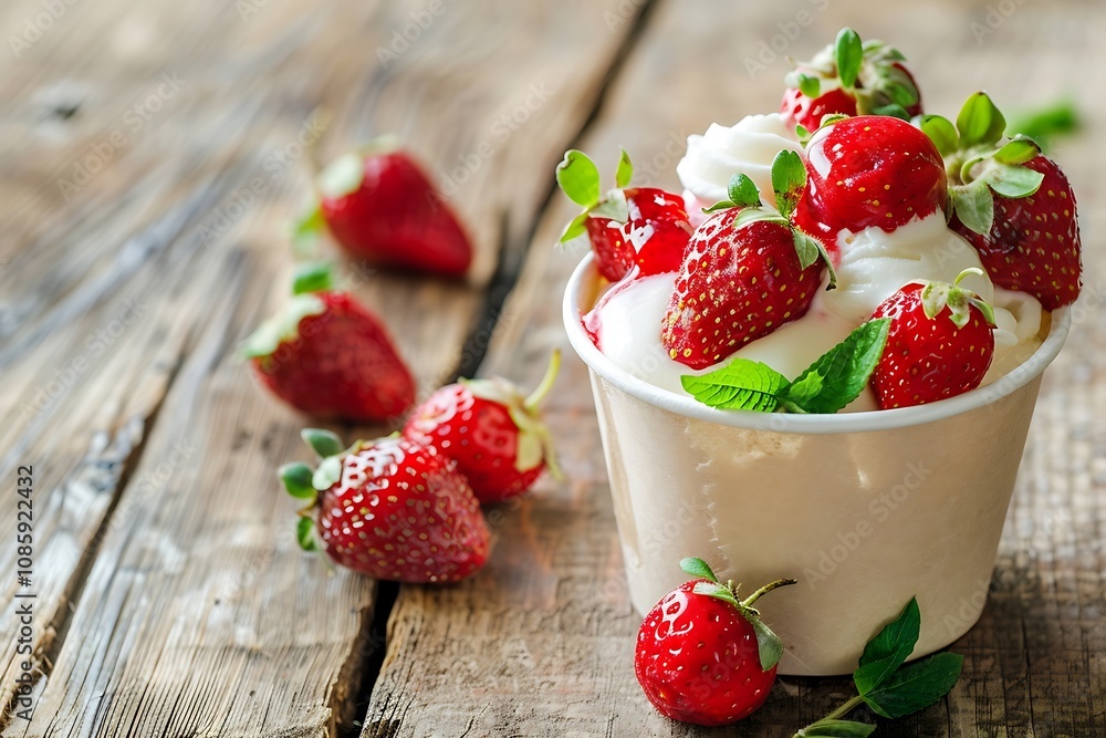 Strawberry yogurt in a white cup on a wooden background. Strawberry yogurt in a white cup on a wooden background.