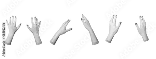 Two hands reaching out, stretching to something invisible, pov,  isolated, halftone dotted vector illustration