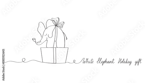 White elephant holiday gift concept drawn by one line. Minimalist vector illustration.