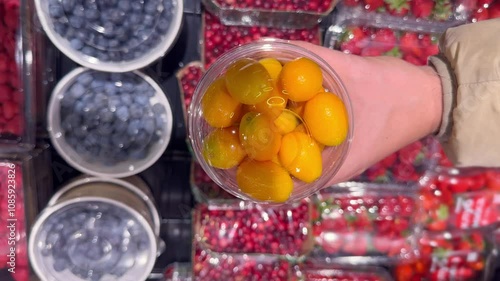 buying fruits and  berries ( raspberries, blueberries, strawberries, gooseberries)at the market