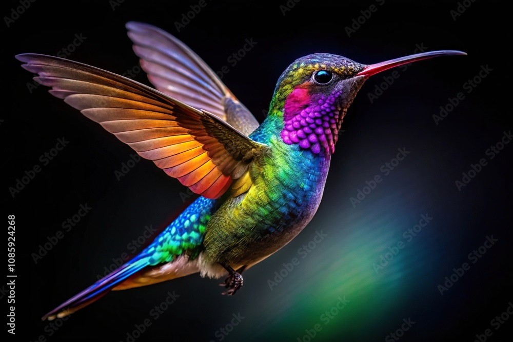 Fototapeta premium colorful hummingbird appearing large in foreground with black background